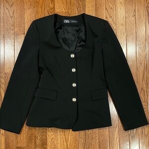 Zara Scoop Neck Black Blazer with Gold Buttons